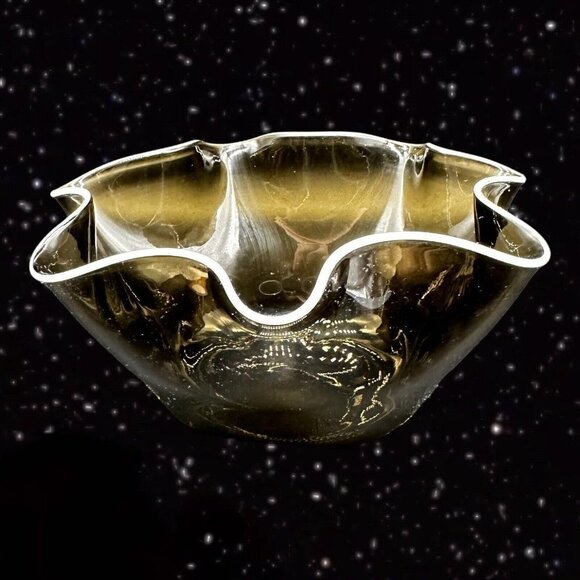 Czech Art Glass Handkerchief Bowl Smokey Olive Green White Ruffles Bohemian 3”T - Picture 11 of 12